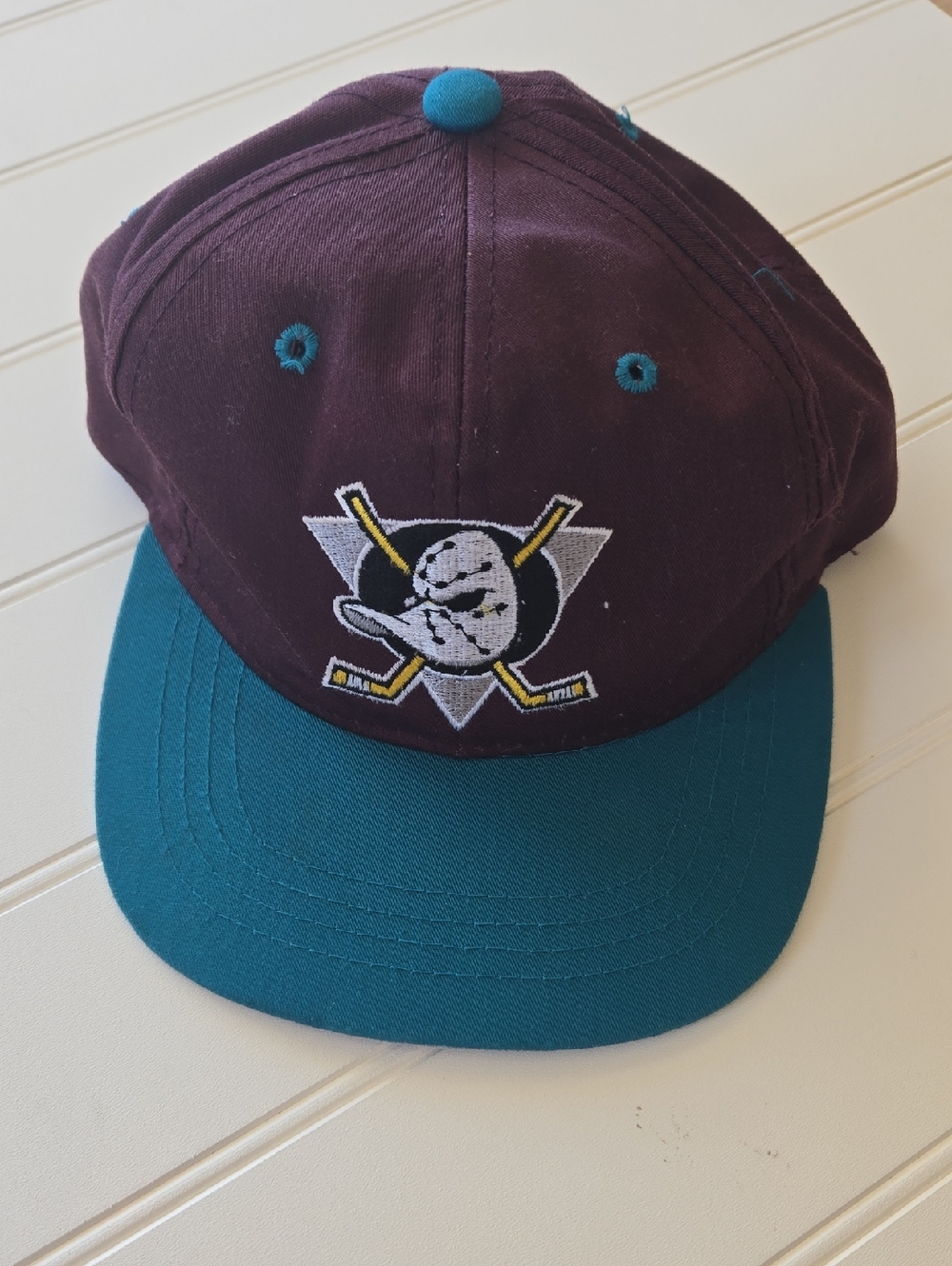 Vintage Starter Mighty Ducks Logo Snapback Hat in Teal and Purple